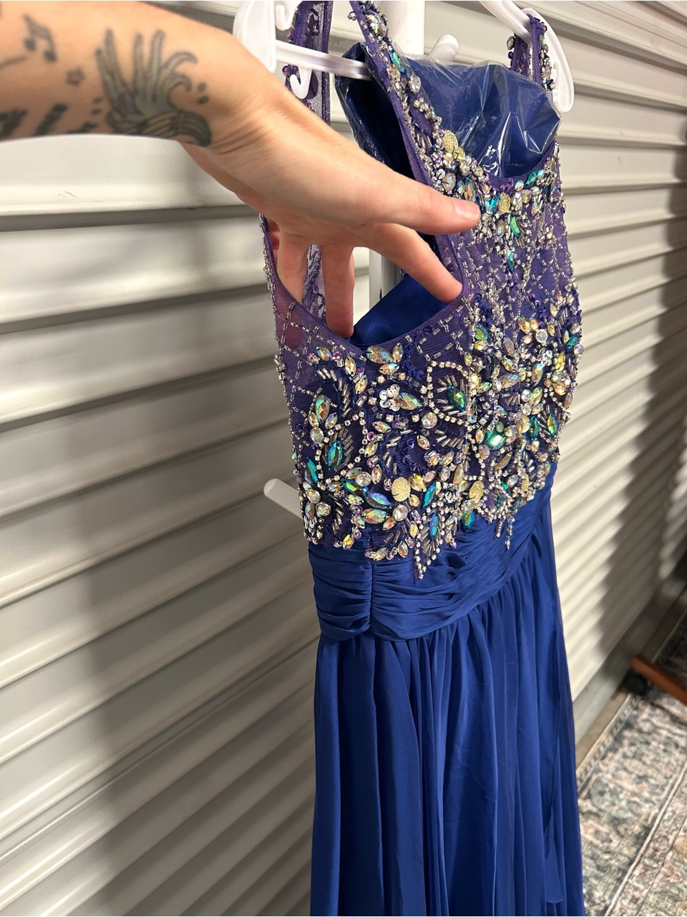 Lets Fashion Blue Beaded Formal Dress Embellished Bodice Chiffon Prom Gown M - Picture 3 of 12